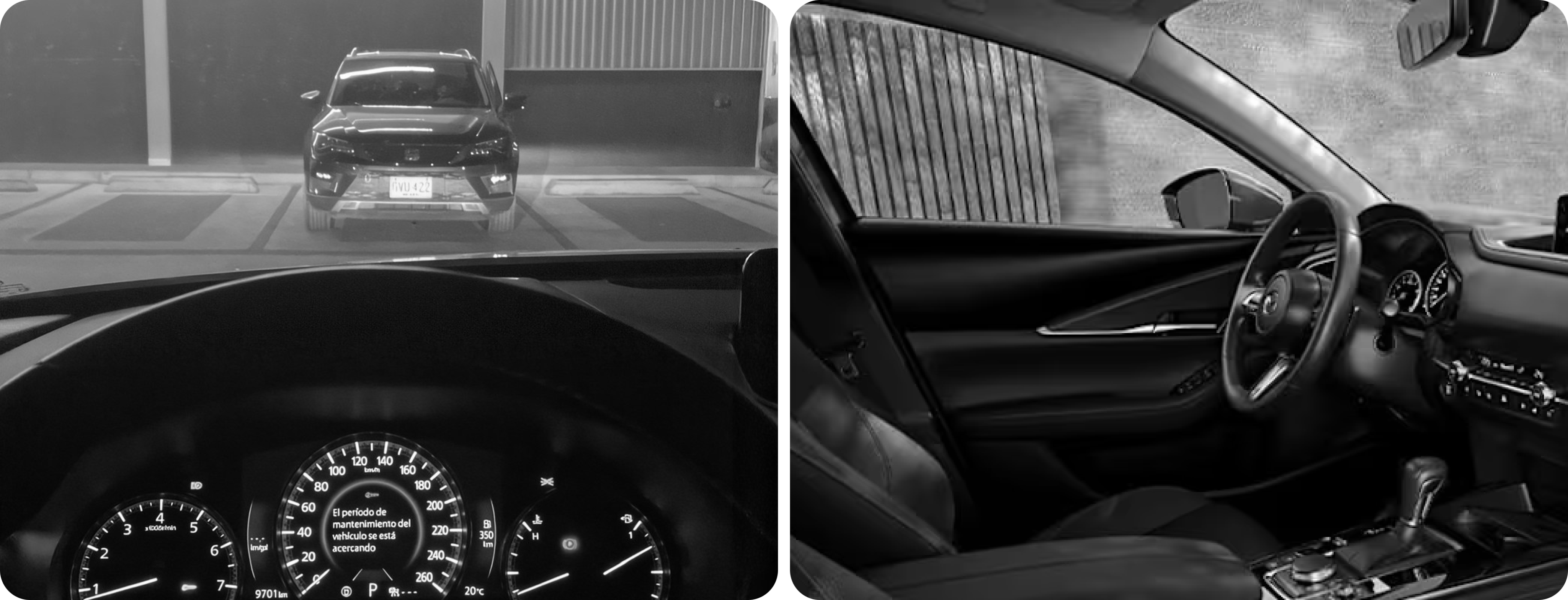 Two black-and-white photographs of a car interior: the steering wheel and instrument cluster from the driver’s seat, and a side view of the dashboard, central screen, and gear selector.
