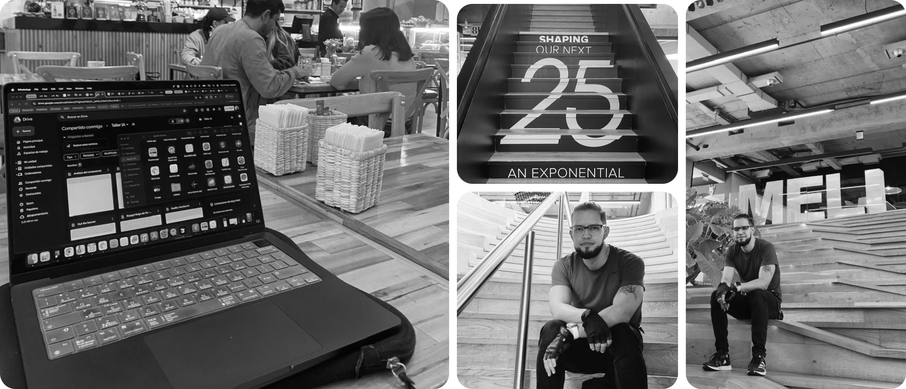Black-and-white collage from a visit to Mercado Libre’s Buenos Aires offices in 2024: a laptop in the cafeteria, a 25th anniversary sign, and the author sitting on the stairs beside the MELI letters.